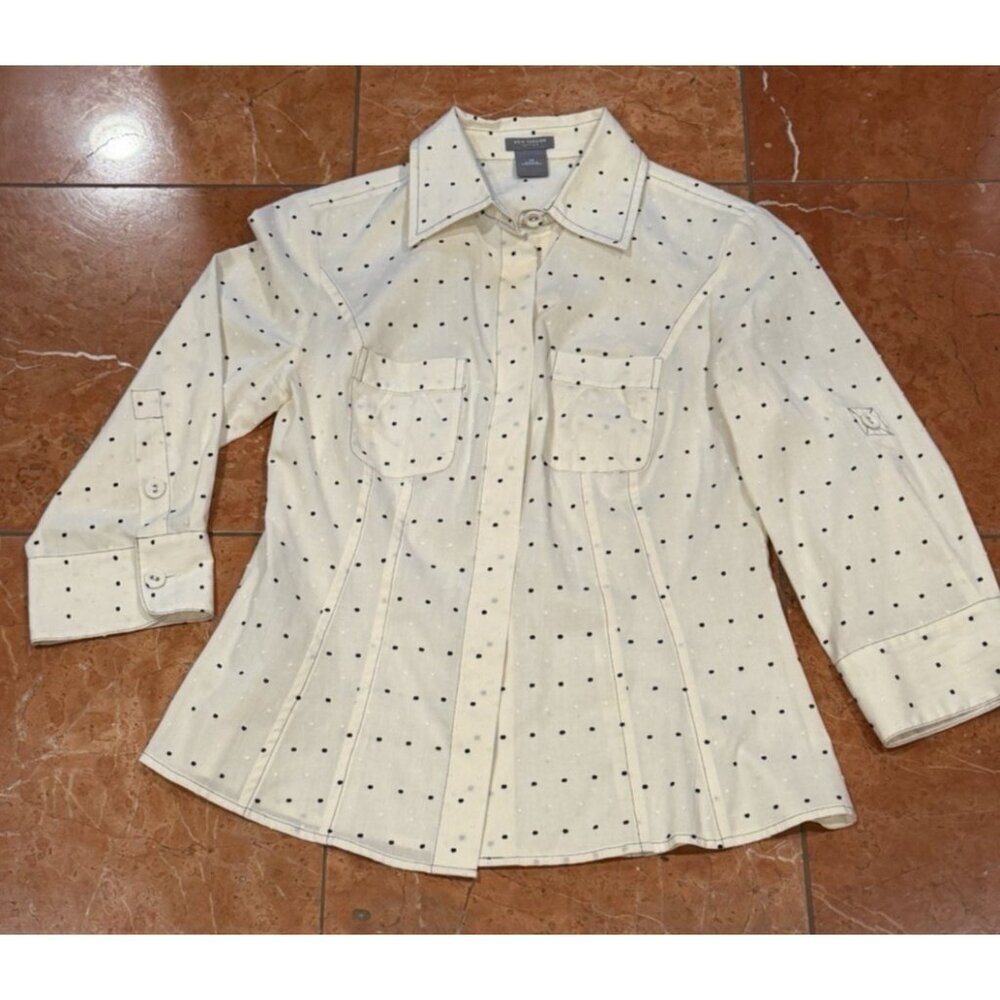 ANN TAYLOR LOFT BLACK IVORY DOT TOP BLOUSE BUTTOND DOWN 2P XS 3/4 SLEEVE NEW